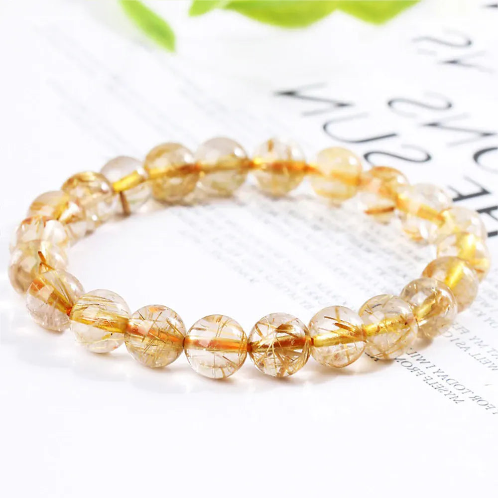Natural Golden Rutilated Quartz Crystal Bracelet Strand Beads Bracelets The Stone of Wealth Jewelry Beads Bangles Decoration