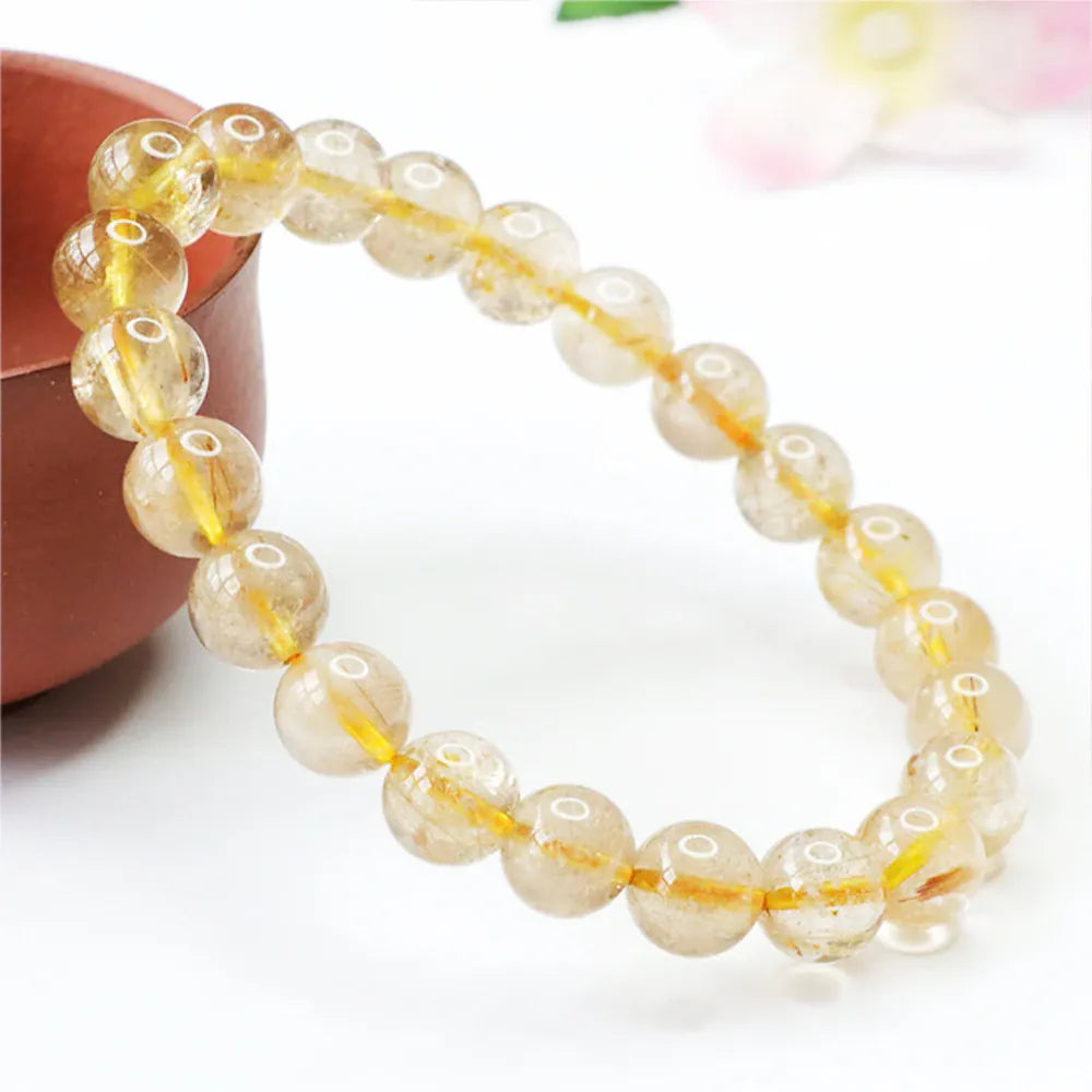 Natural Golden Rutilated Quartz Crystal Bracelet Strand Beads Bracelets The Stone of Wealth Jewelry Beads Bangles Decoration