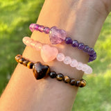 Natural Heart Crystal Bracelet Tiger Eye Amethyst Rose Quartz Healing Beaded Bracelets Women Chakra Meditation Jewelry Gift