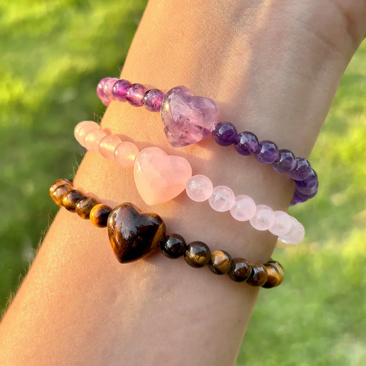 Natural Heart Crystal Bracelet Tiger Eye Amethyst Rose Quartz Healing Beaded Bracelets Women Chakra Meditation Jewelry Gift