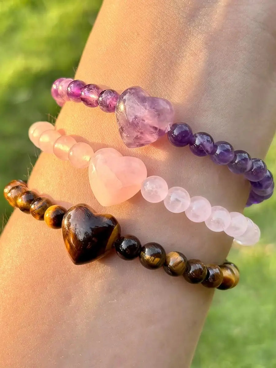 Natural Heart Crystal Bracelet Tiger Eye Amethyst Rose Quartz Healing Beaded Bracelets Women Chakra Meditation Jewelry Gift