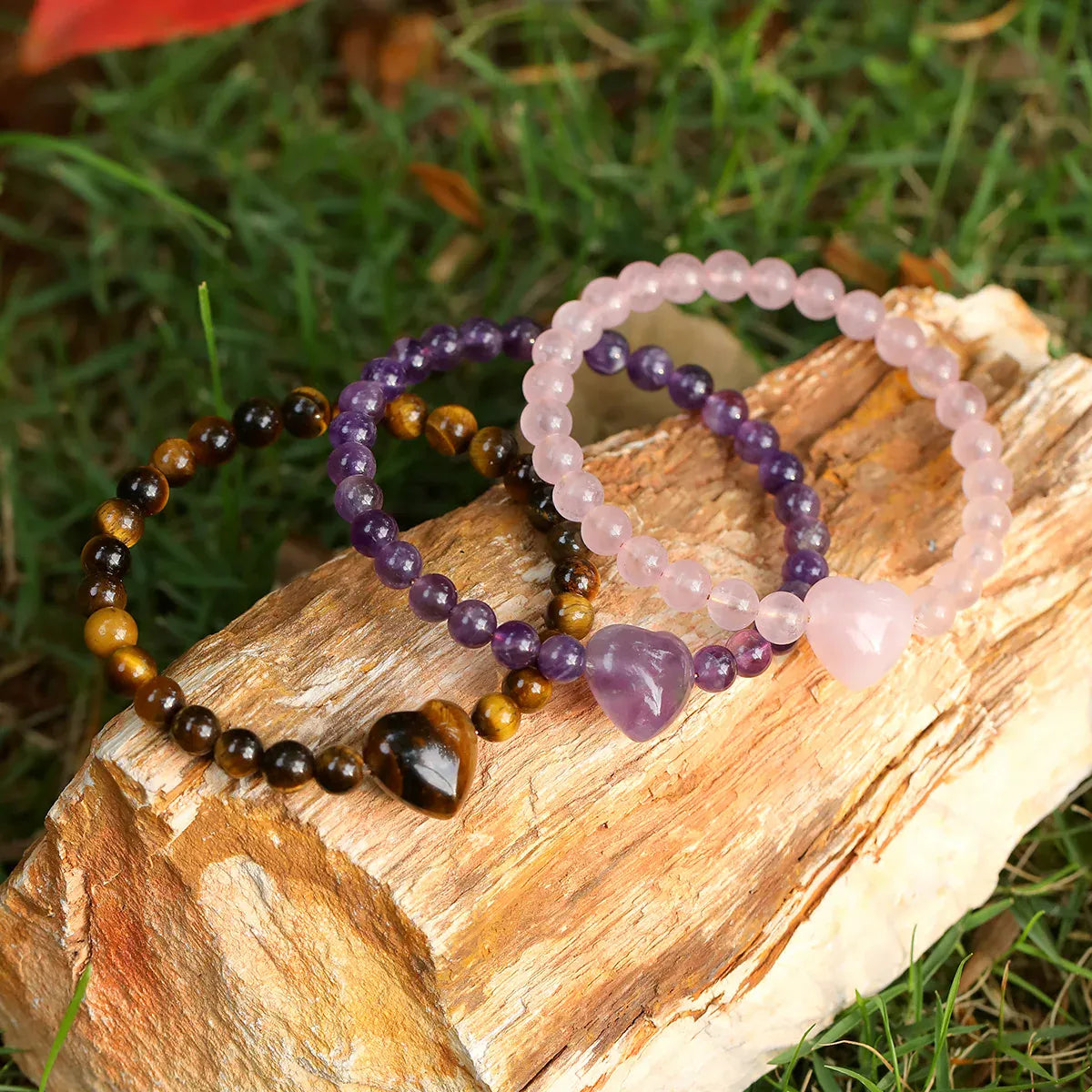 Natural Heart Crystal Bracelet Tiger Eye Amethyst Rose Quartz Healing Beaded Bracelets Women Chakra Meditation Jewelry Gift