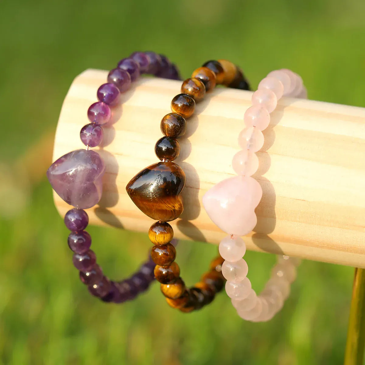 Natural Heart Crystal Bracelet Tiger Eye Amethyst Rose Quartz Healing Beaded Bracelets Women Chakra Meditation Jewelry Gift