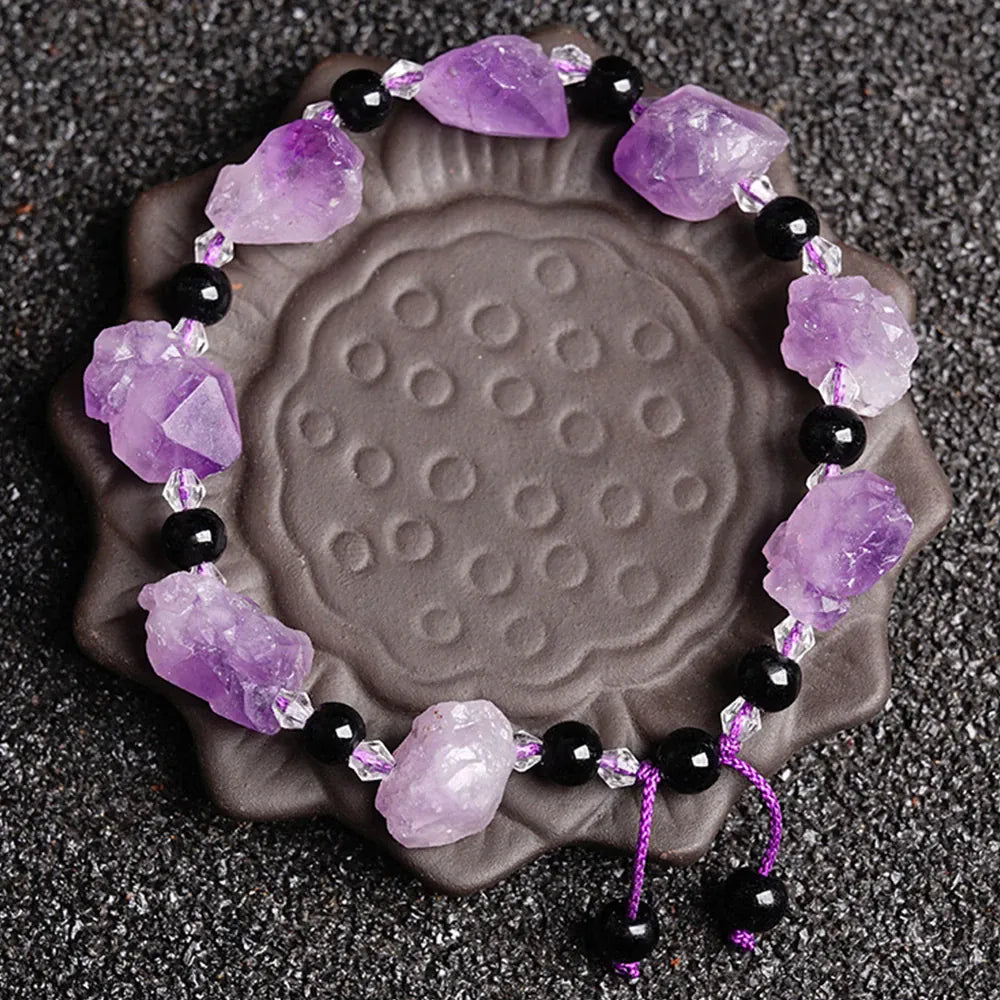 Natural lavender amethyst and obsidian crystal stone beads bracelet for reiki healing by HSF Marketplace