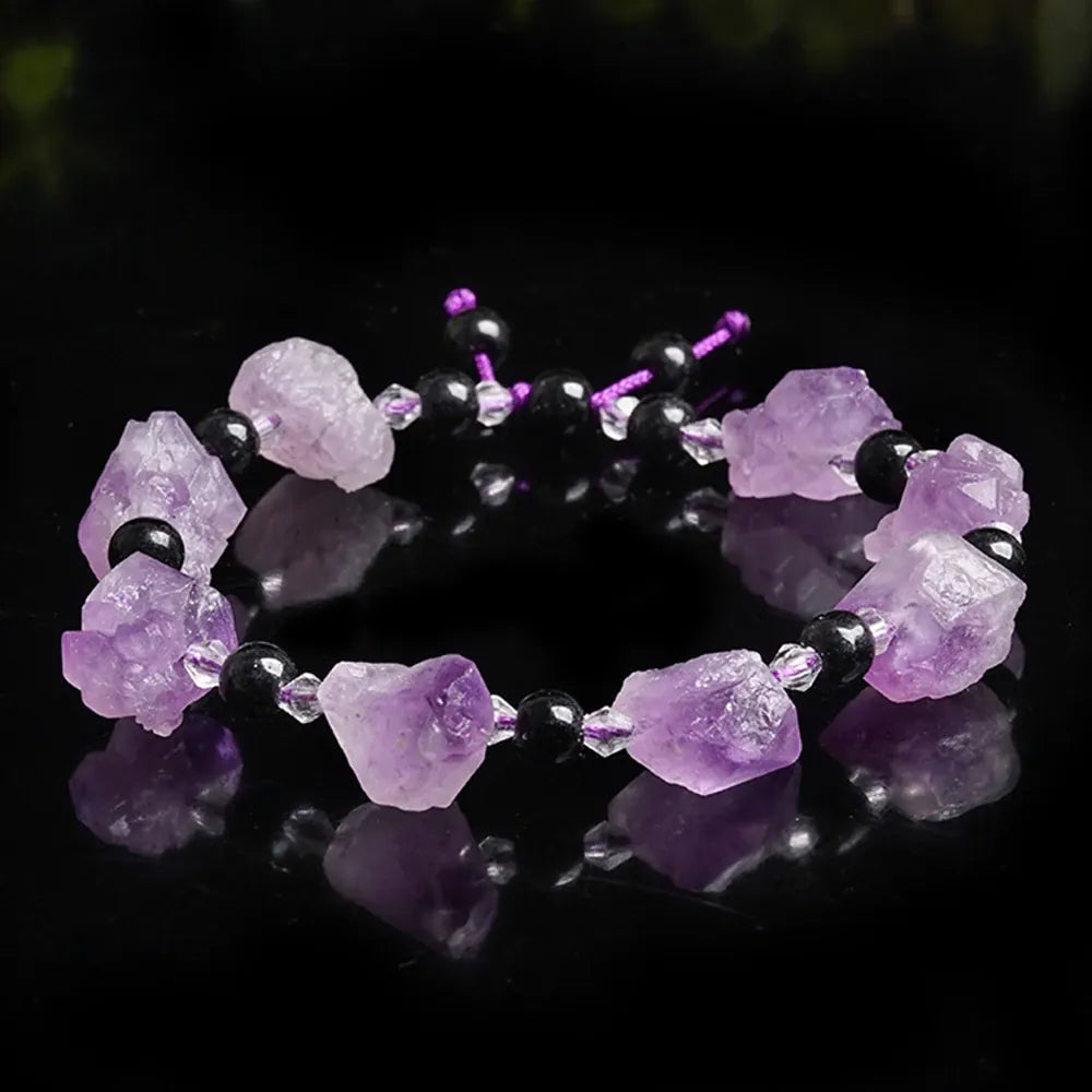 Natural lavender amethyst and obsidian crystal bead bracelet, irregular raw stones for Reiki healing jewelry