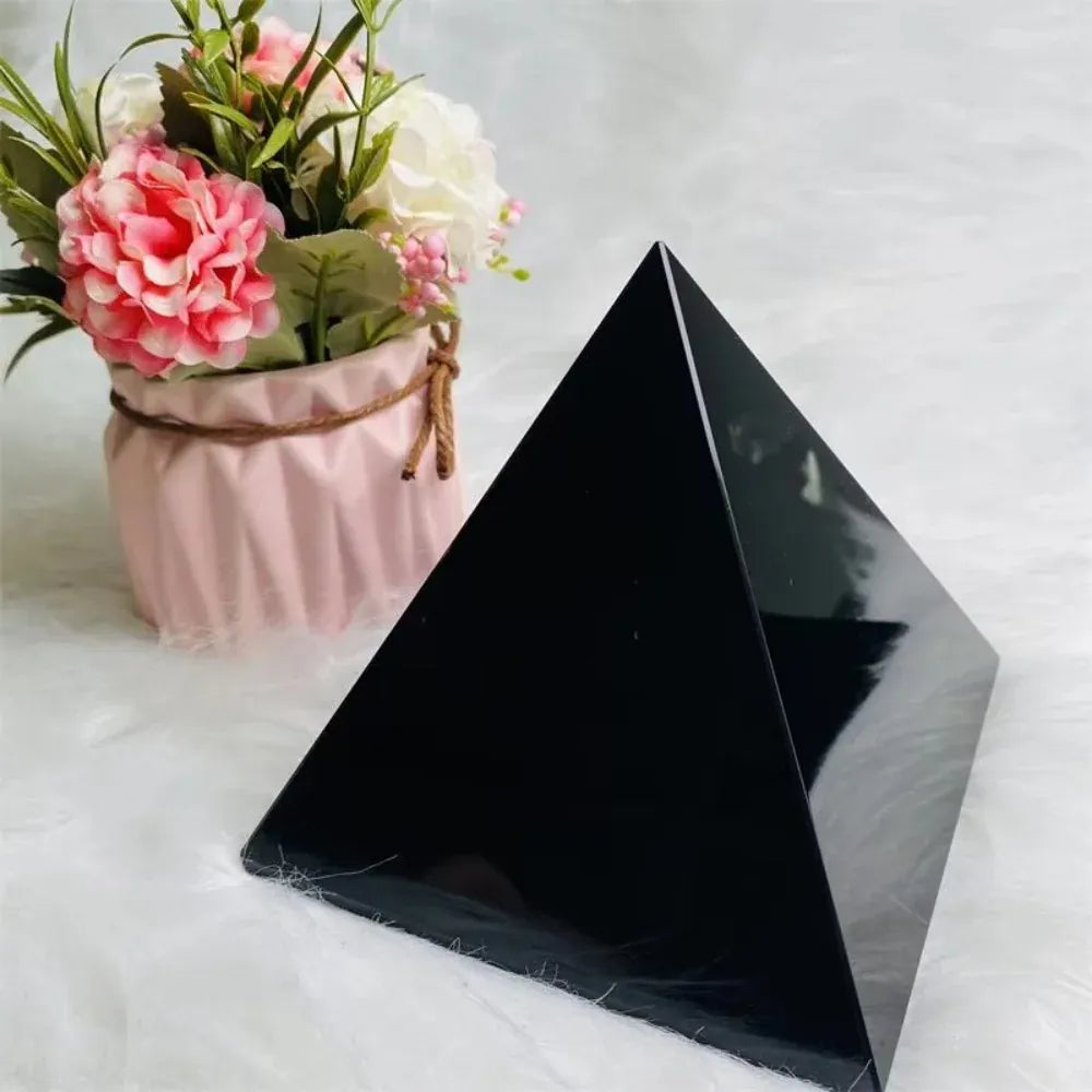 Natural Obsidian Pyramid Reiki Energy Stone Mineral Crystal Dots Triangle Pyramid Ornaments Tabletop Decoration Living Room