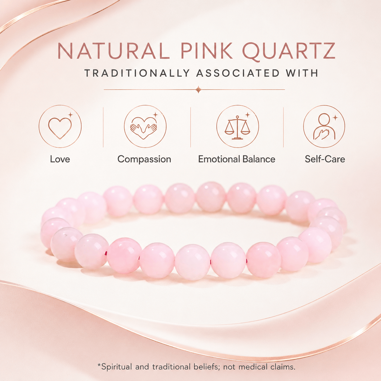 Natural Pink Quartz Stone Bracelet, Gemstone Stretch Bead Bracelet for Women and Men