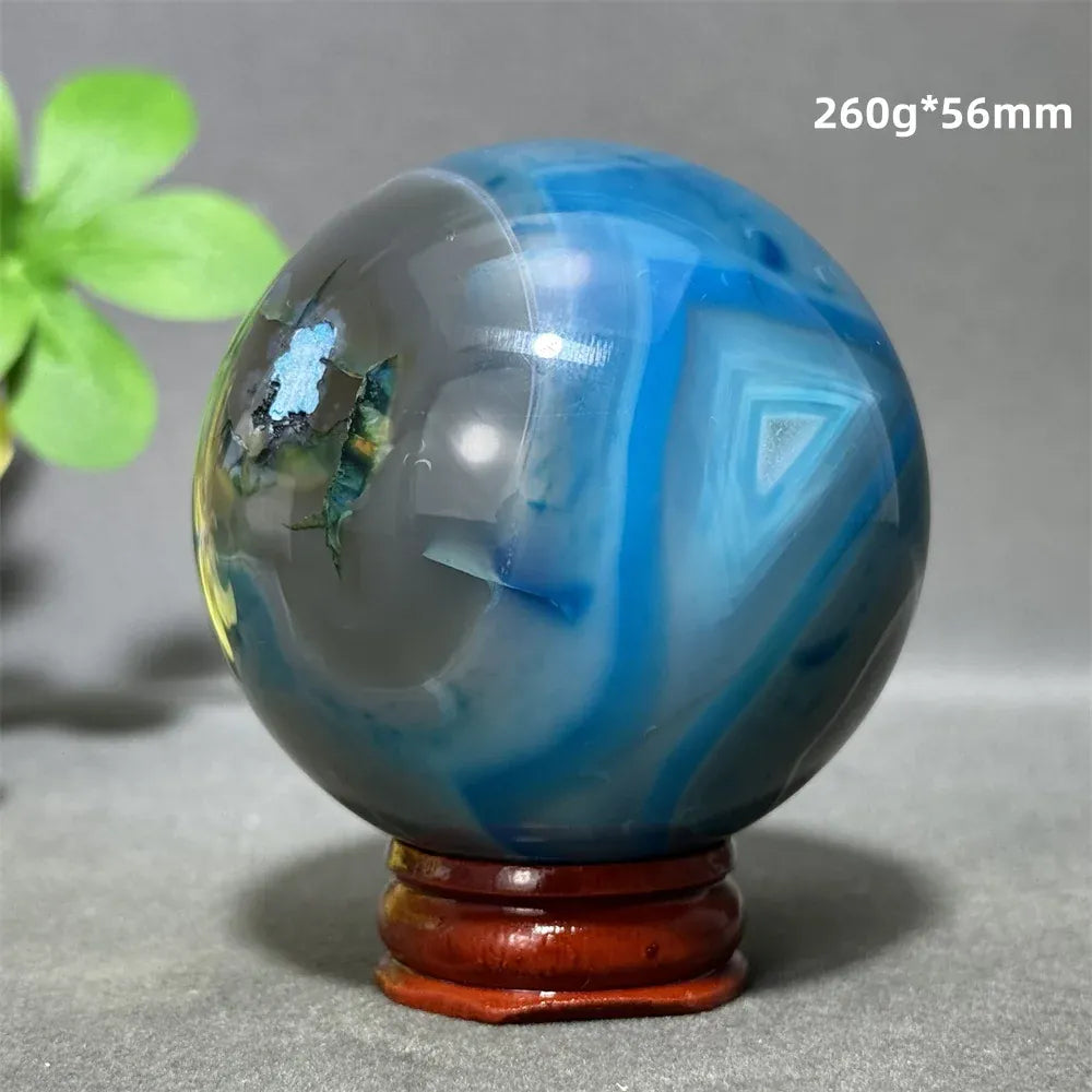 Natural Sapphire Blue Agate Mineral Quartz Crystal Ball Aura Meditation Energy Divination Altar Home Decoration+Base
