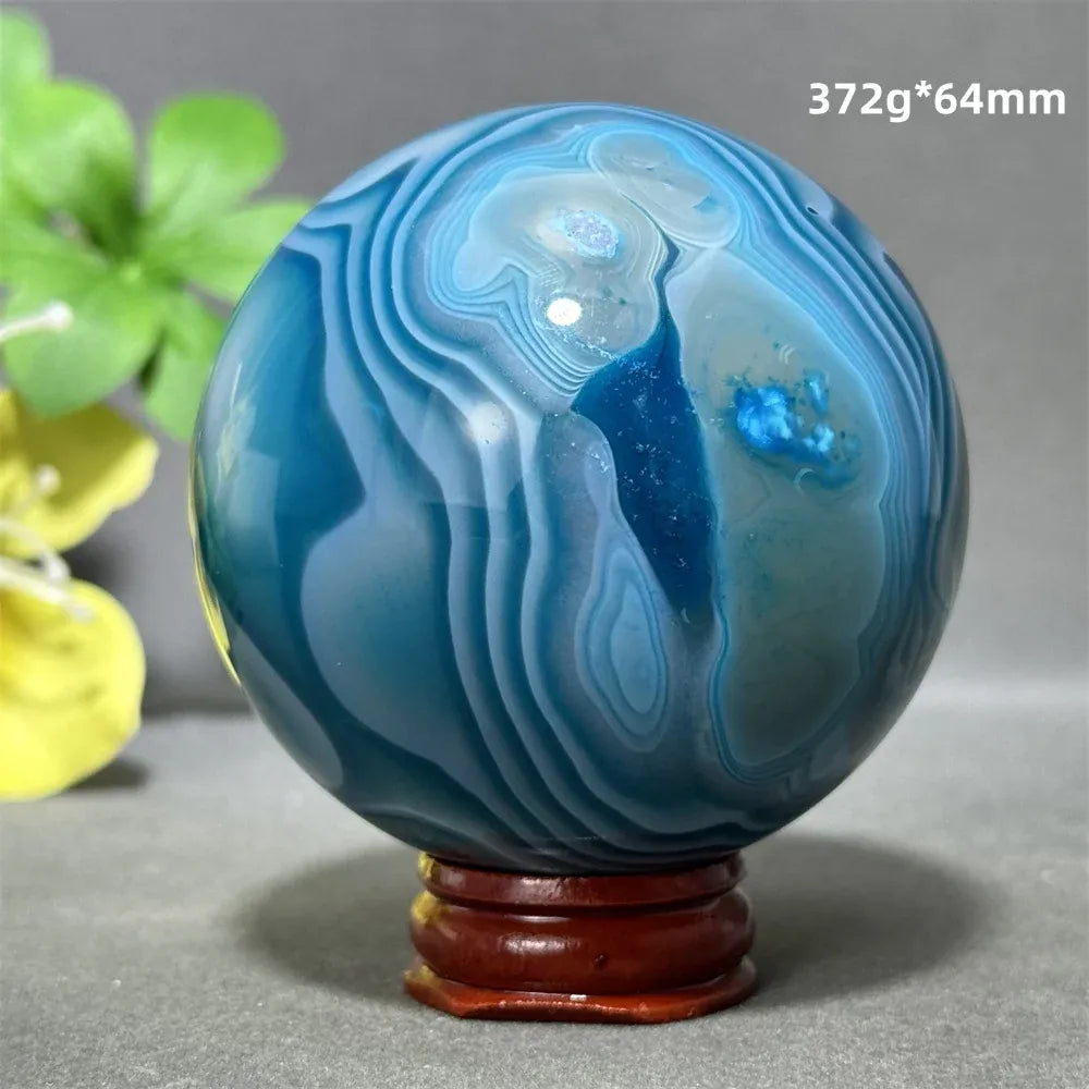 Natural Sapphire Blue Agate Mineral Quartz Crystal Ball Aura Meditation Energy Divination Altar Home Decoration+Base