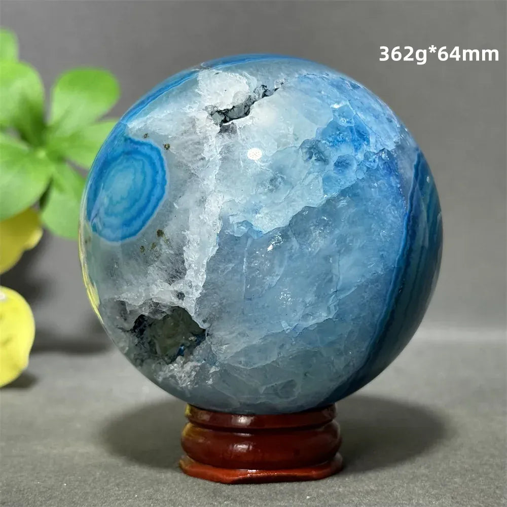 Natural Sapphire Blue Agate Mineral Quartz Crystal Ball Aura Meditation Energy Divination Altar Home Decoration+Base