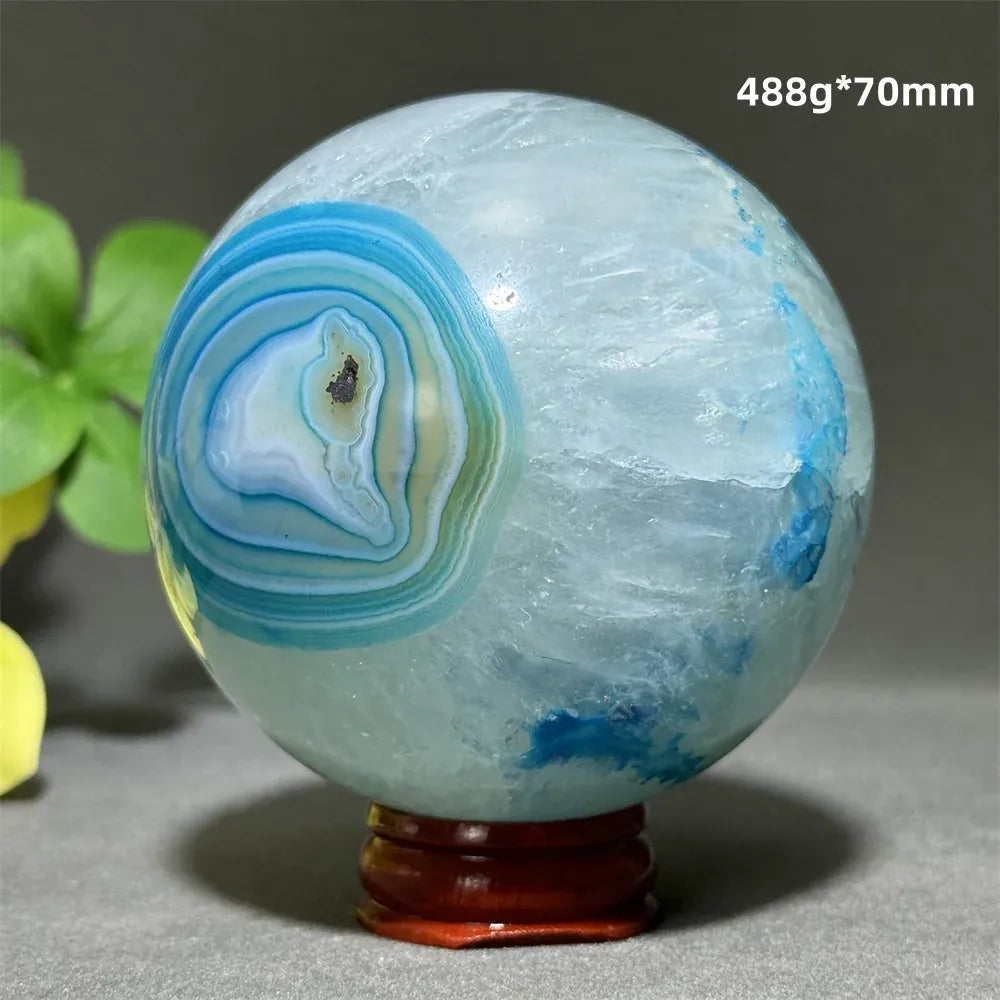 Natural Sapphire Blue Agate Mineral Quartz Crystal Ball Aura Meditation Energy Divination Altar Home Decoration+Base