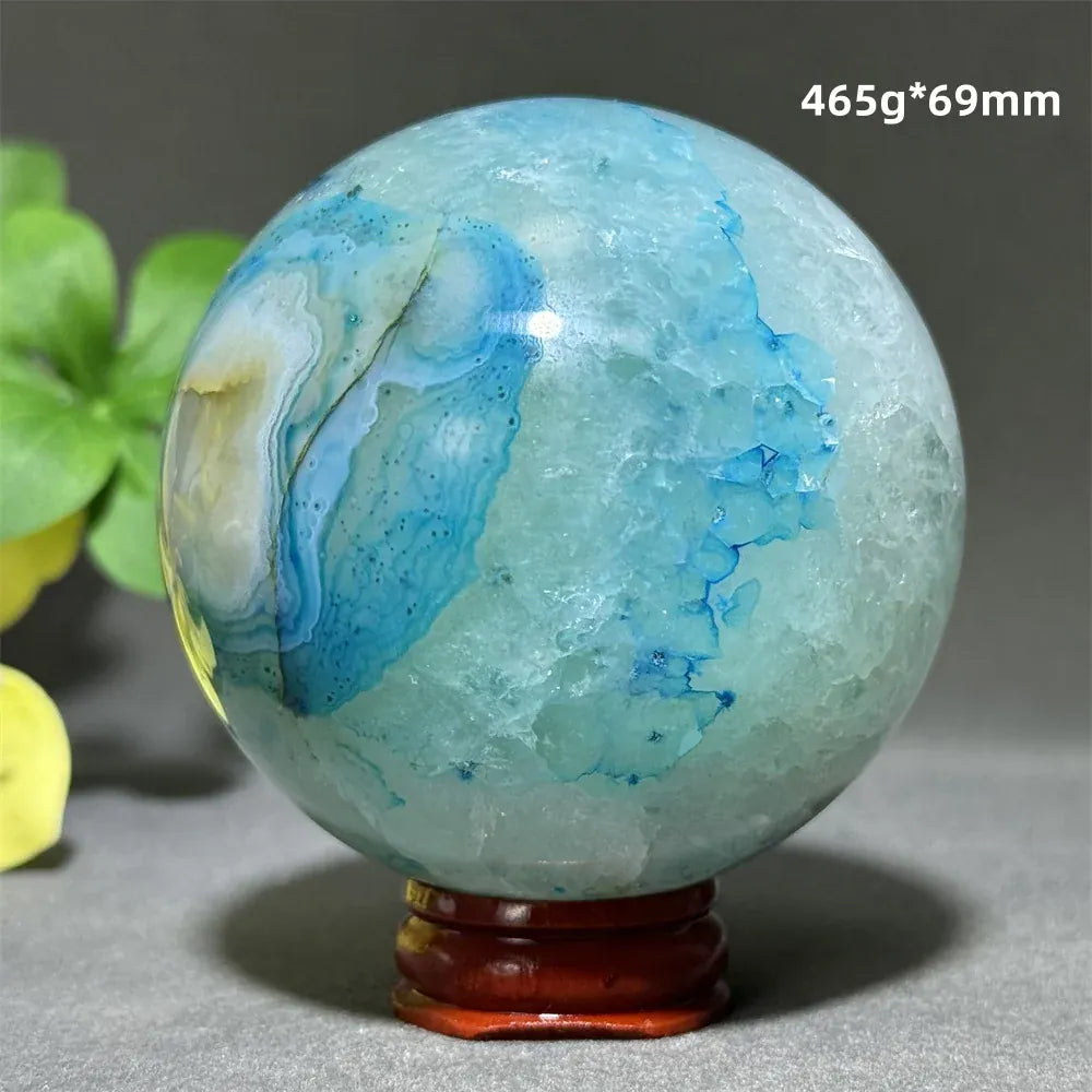 Natural Sapphire Blue Agate Mineral Quartz Crystal Ball Aura Meditation Energy Divination Altar Home Decoration+Base