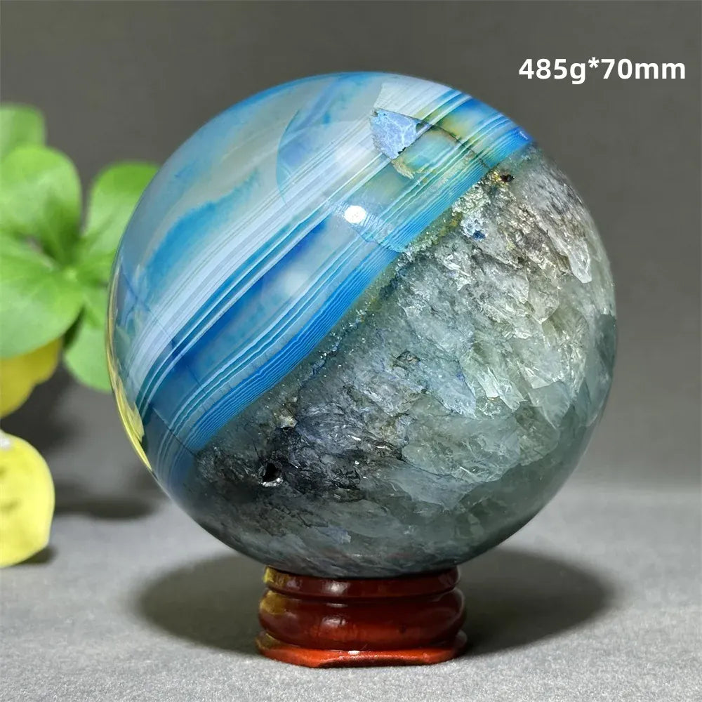 Natural Sapphire Blue Agate Mineral Quartz Crystal Ball Aura Meditation Energy Divination Altar Home Decoration+Base