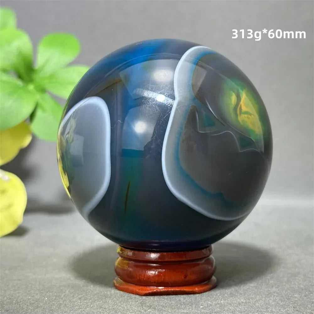 Natural Sapphire Blue Agate Mineral Quartz Crystal Ball Aura Meditation Energy Divination Altar Home Decoration+Base
