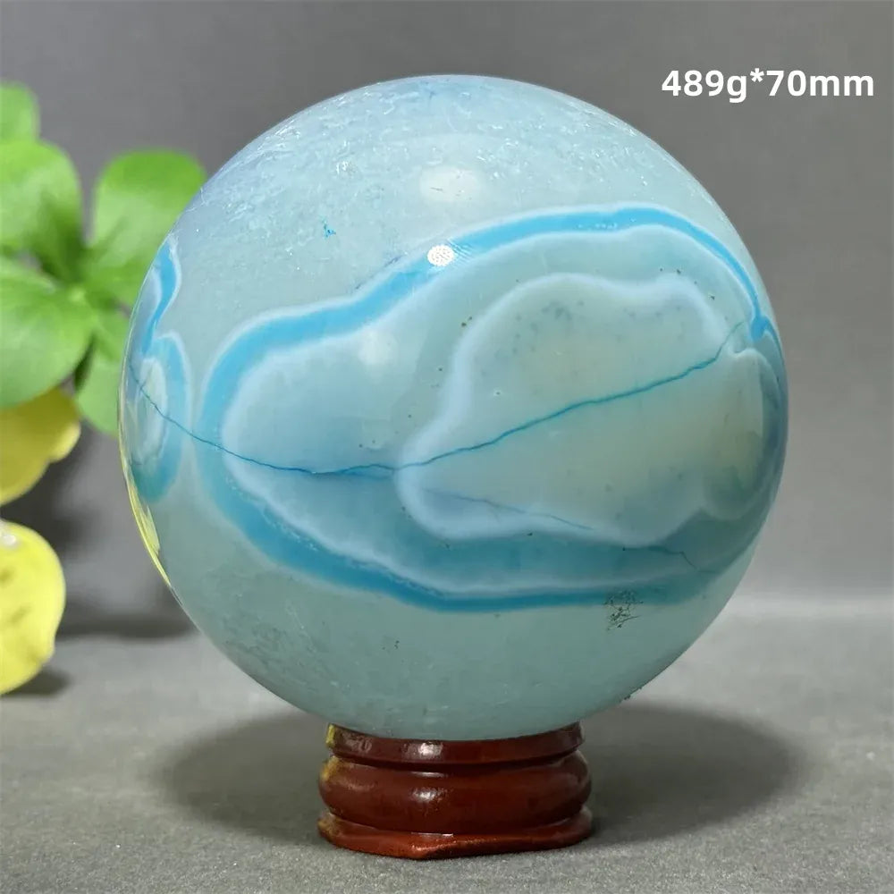 Natural Sapphire Blue Agate Mineral Quartz Crystal Ball Aura Meditation Energy Divination Altar Home Decoration+Base