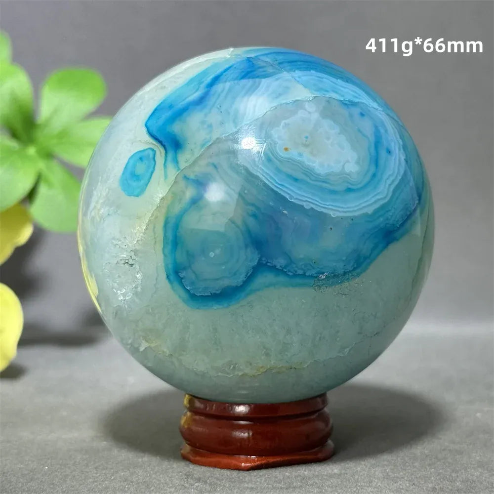 Natural Sapphire Blue Agate Mineral Quartz Crystal Ball Aura Meditation Energy Divination Altar Home Decoration+Base