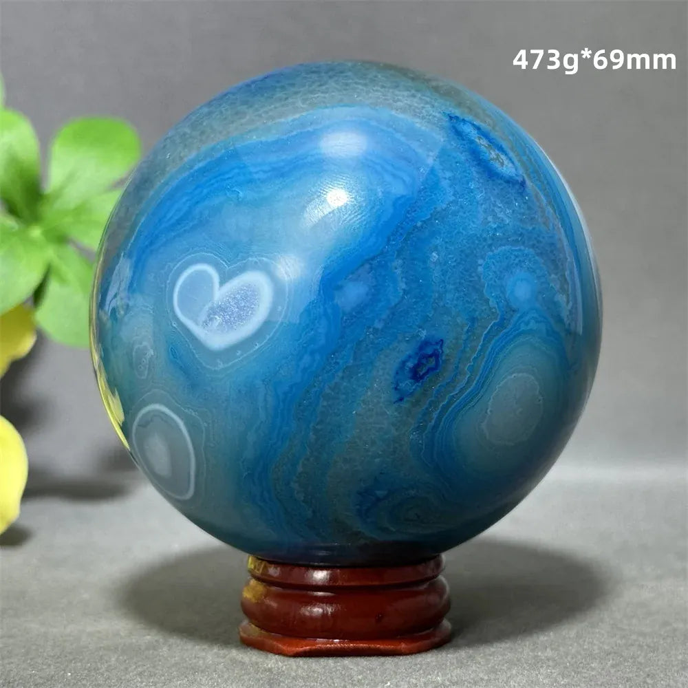 Natural Sapphire Blue Agate Mineral Quartz Crystal Ball Aura Meditation Energy Divination Altar Home Decoration+Base