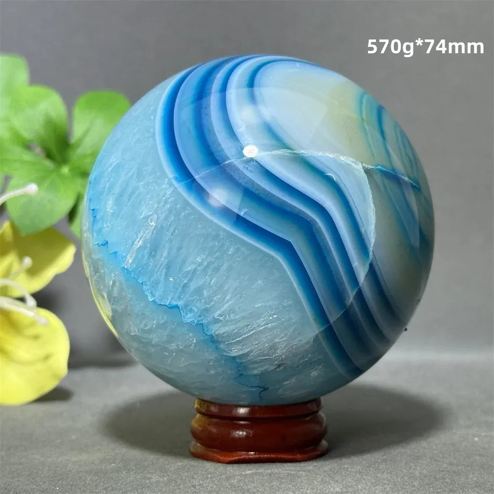 Natural Sapphire Blue Agate Mineral Quartz Crystal Ball Aura Meditation Energy Divination Altar Home Decoration+Base