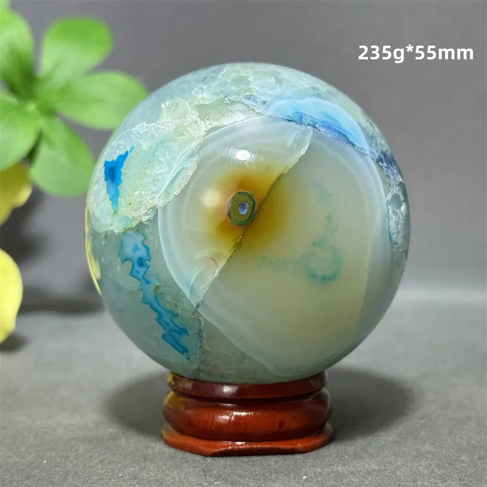 Natural Sapphire Blue Agate Mineral Quartz Crystal Ball Aura Meditation Energy Divination Altar Home Decoration+Base