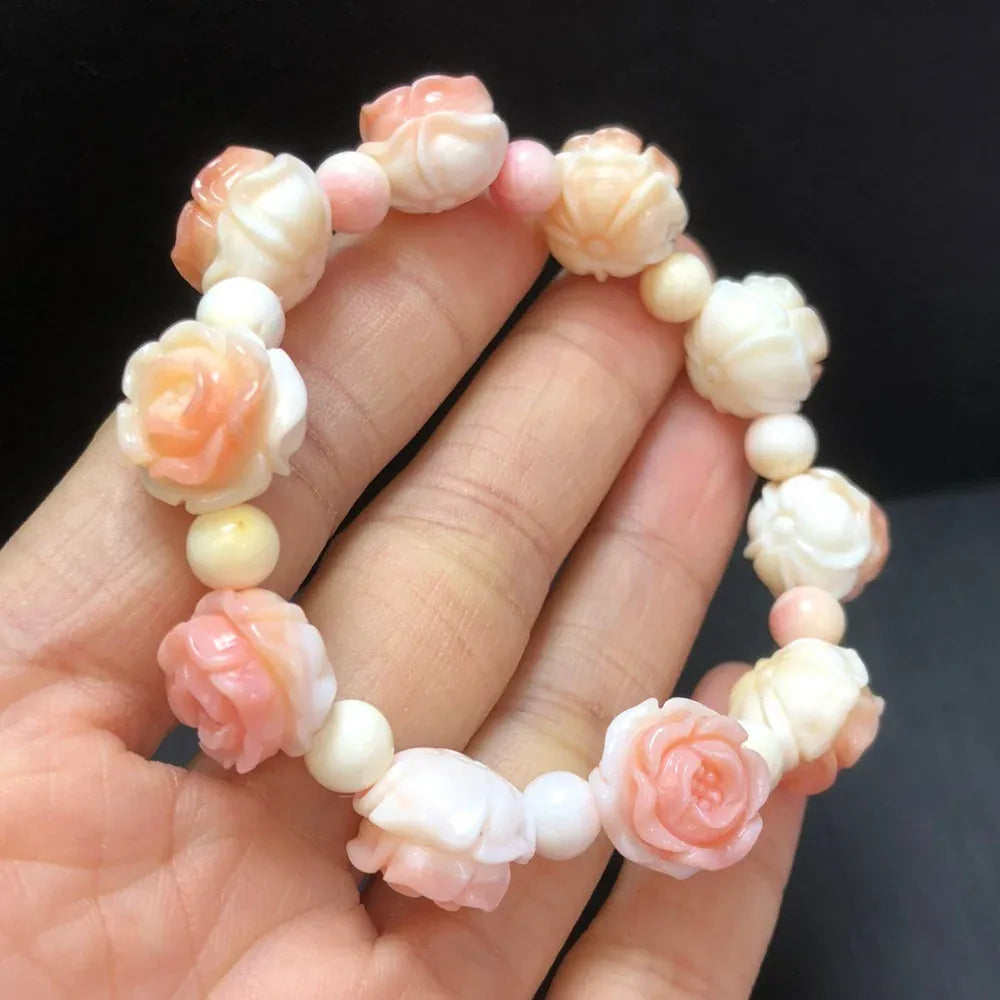 Natural Shell Stone Rose Flower Bead Bracelet Crystal Healing Fengshui Stone Fashion Gemstone Women Jewelry Gift 1pcs 13MM