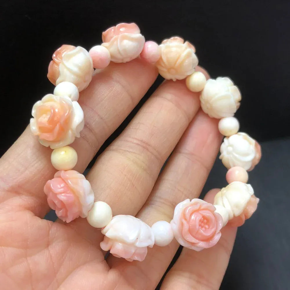 Natural Shell Stone Rose Flower Bead Bracelet Crystal Healing Fengshui Stone Fashion Gemstone Women Jewelry Gift 1pcs 13MM