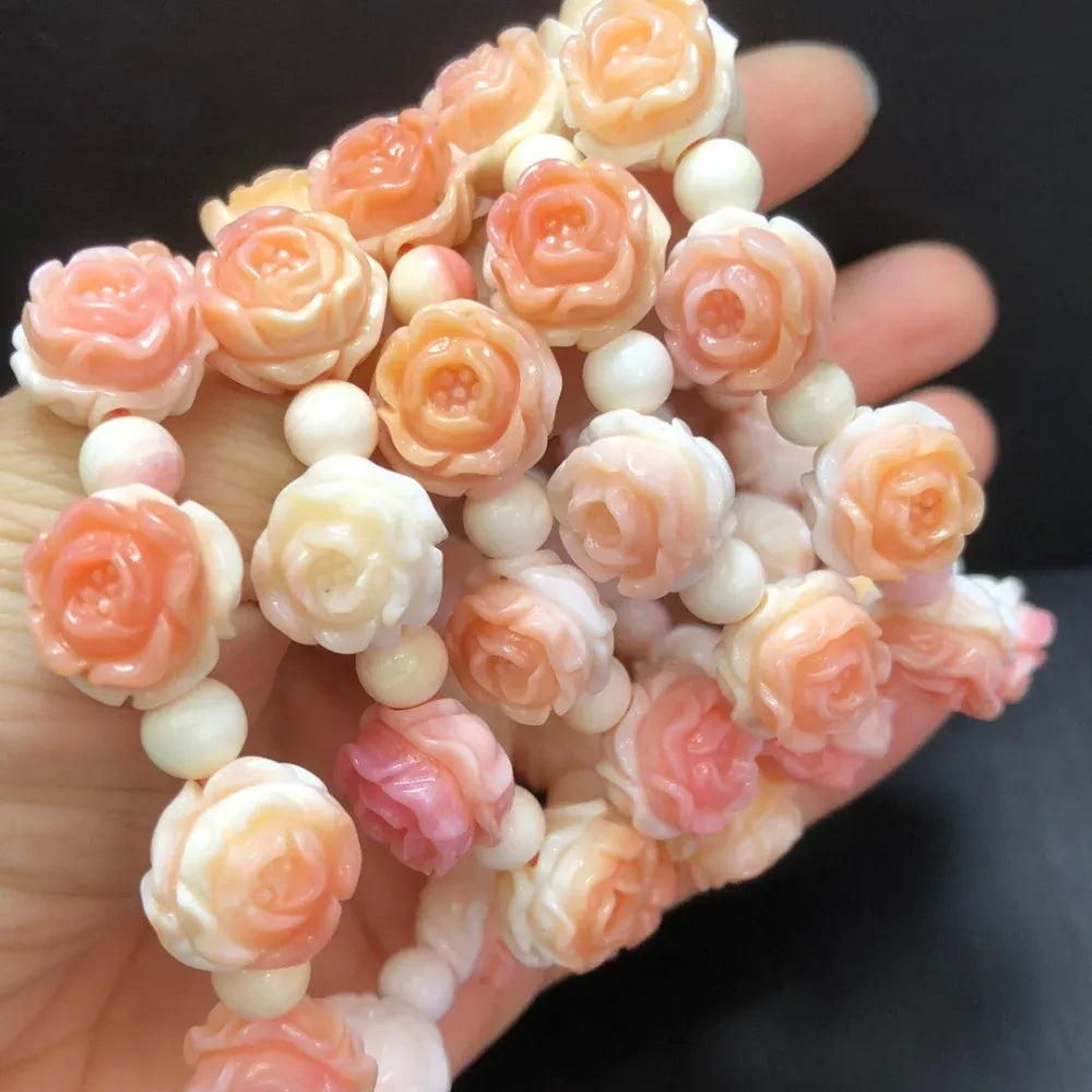 Natural Shell Stone Rose Flower Bead Bracelet Crystal Healing Fengshui Stone Fashion Gemstone Women Jewelry Gift 1pcs 13MM
