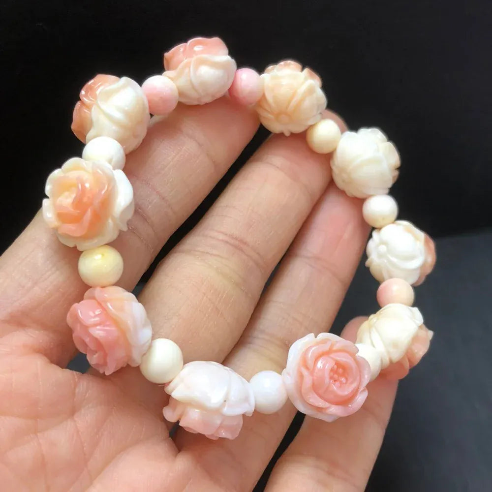 Natural Shell Stone Rose Flower Bead Bracelet Crystal Healing Fengshui Stone Fashion Gemstone Women Jewelry Gift 1pcs 13MM
