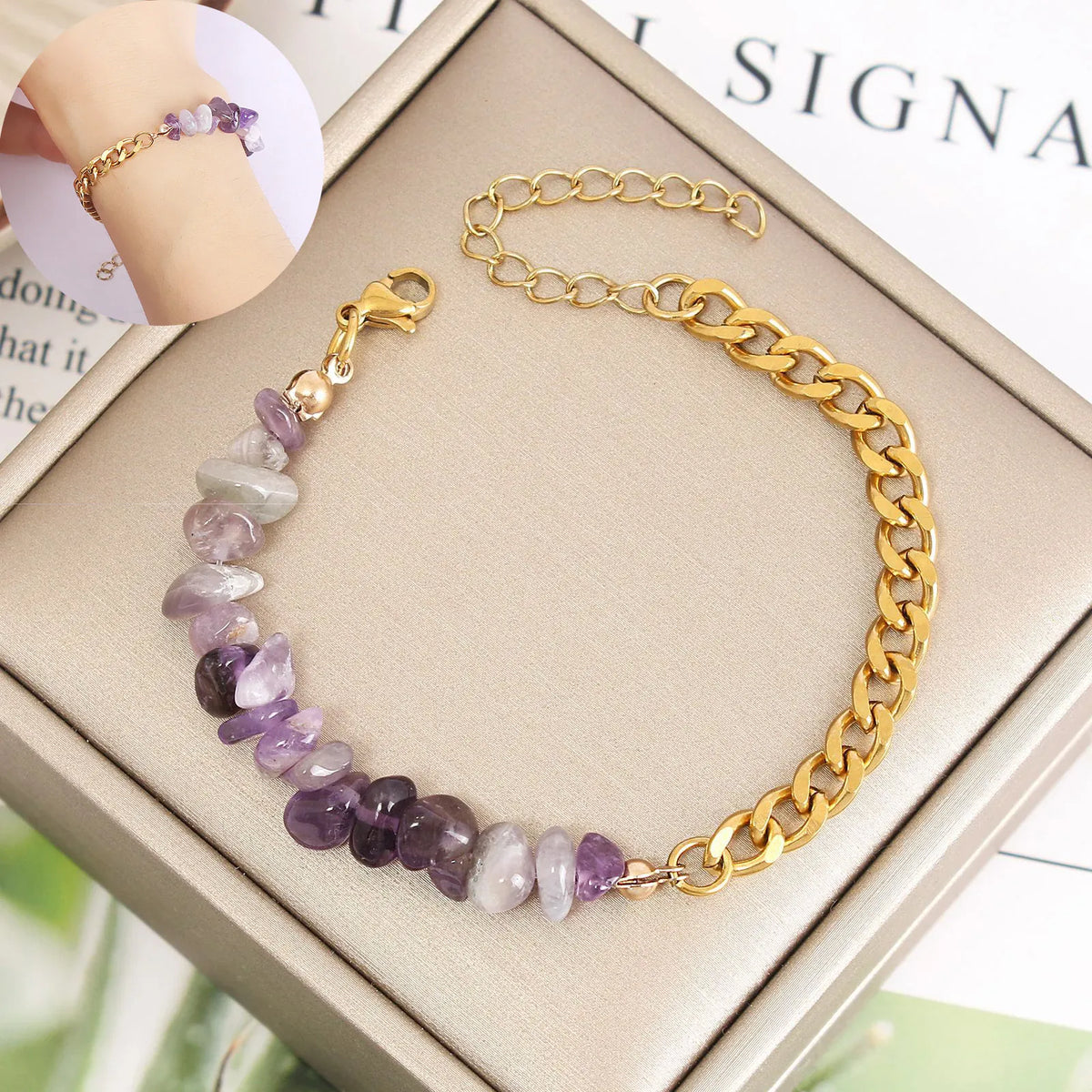 Natural stone and metal spliced AB chain bracelet Natural stone crystal stainless steel bracelet Beads Chain Bracelet jewelry