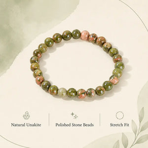 Natural Unakite Stone Bead Bracelet, Gemstone Stretch Jewelry for Women and Men