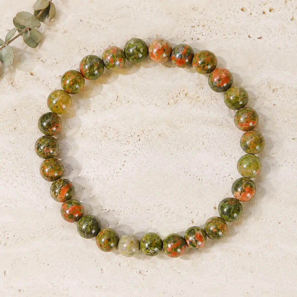 Natural Unakite Stone Bead Bracelet, Gemstone Stretch Jewelry for Women and Men