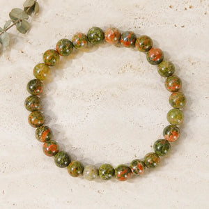 Natural Unakite Stone Bead Bracelet, Gemstone Stretch Jewelry for Women and Men