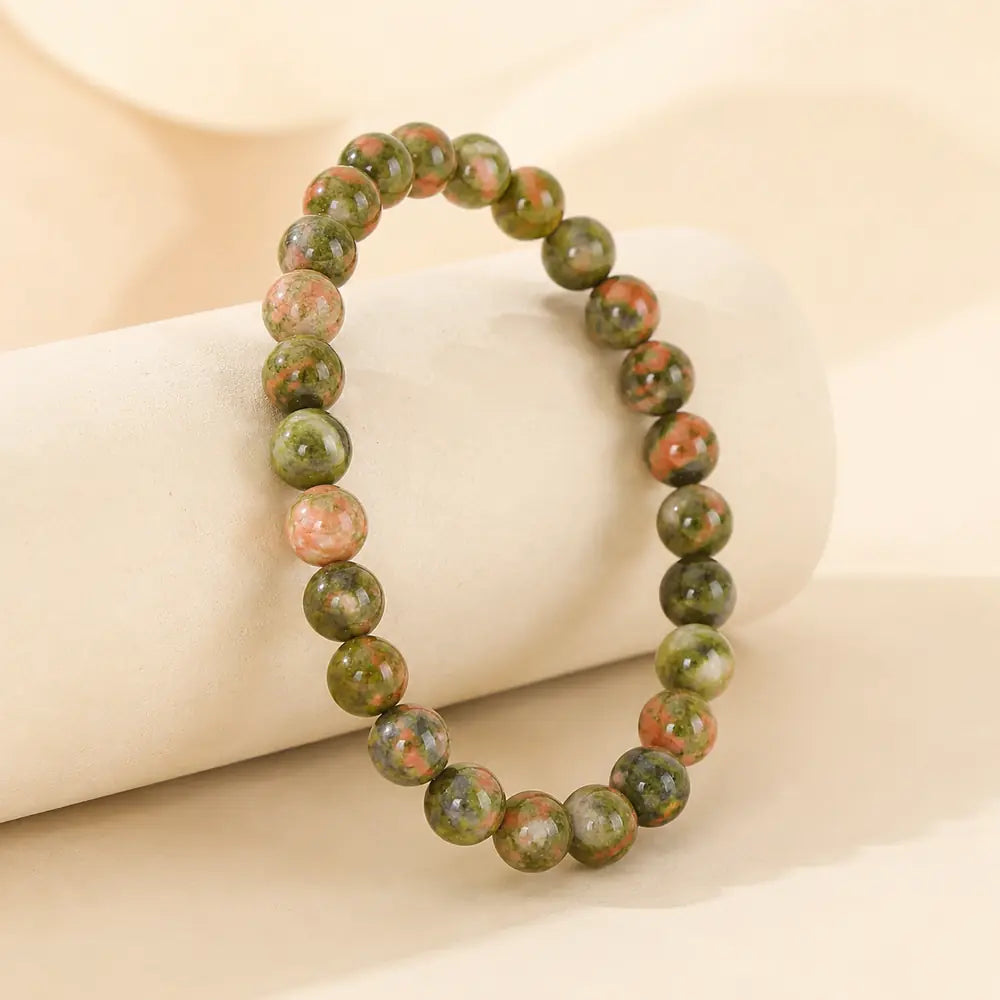 Natural Unakite Stone Bead Bracelet, Gemstone Stretch Jewelry for Women and Men
