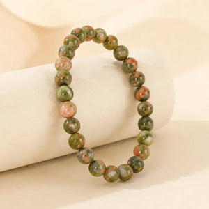 Natural Unakite Stone Bead Bracelet, Gemstone Stretch Jewelry for Women and Men