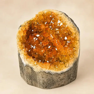 Natural Yellow Quartz Crystal Geode Cluster, Electroplated Mineral Specimen with Natural Inclusions