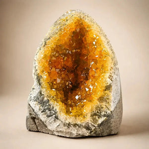 Natural Yellow Quartz Crystal Geode Cluster, Electroplated Mineral Specimen with Natural Inclusions