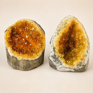 Natural Yellow Quartz Crystal Geode Cluster, Electroplated Mineral Specimen with Natural Inclusions