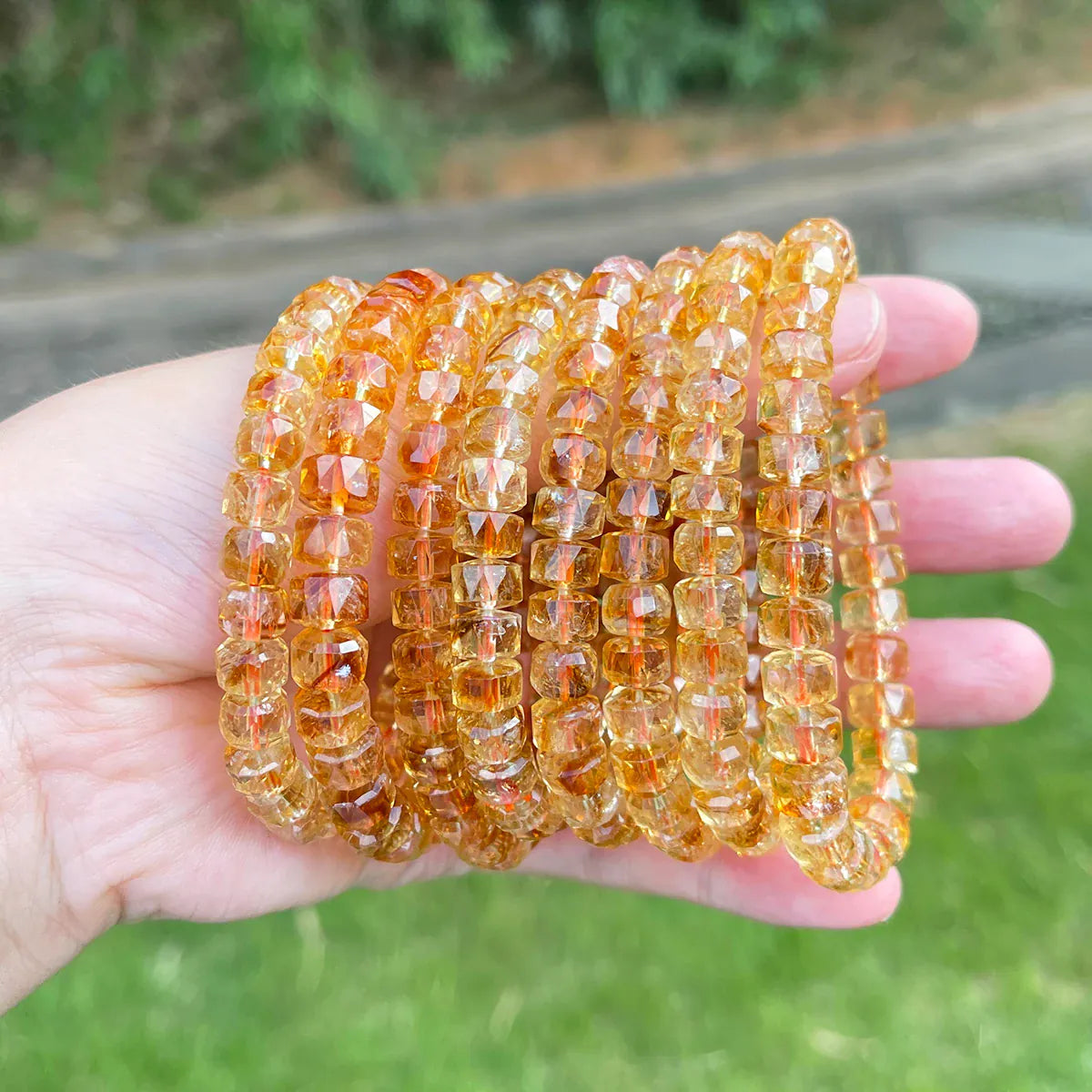 Natural Yellow Tower Crystal Faceted Wheel Bead Bracelet Citrine Quartz Jewelry for Women Men Handmade Boho Fashion Accessories