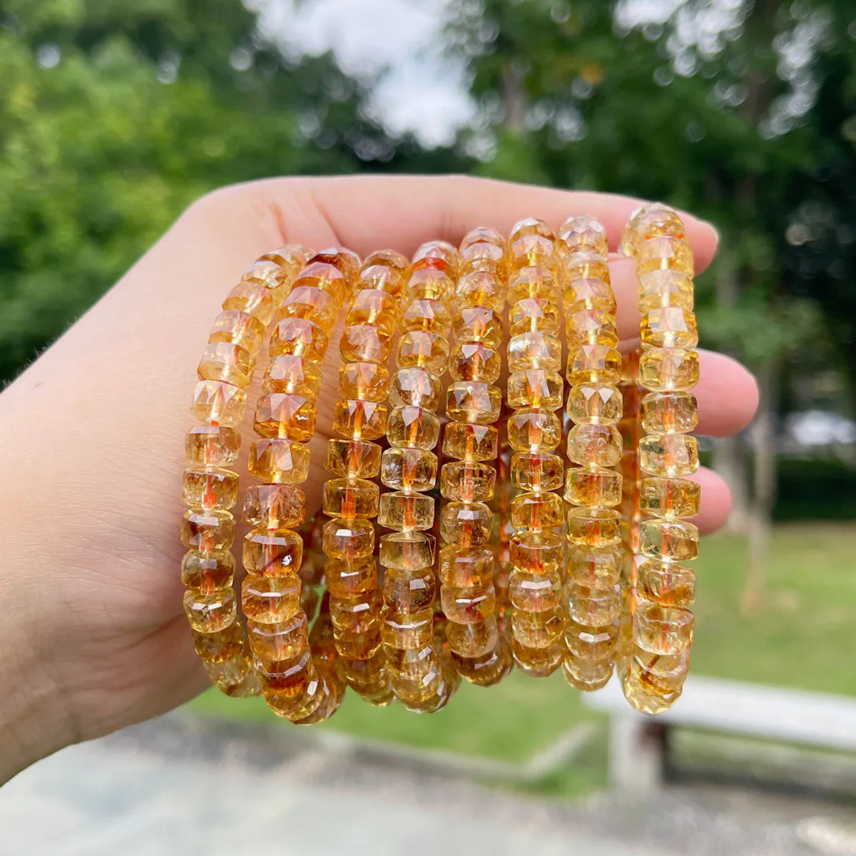 Natural Yellow Tower Crystal Faceted Wheel Bead Bracelet Citrine Quartz Jewelry for Women Men Handmade Boho Fashion Accessories