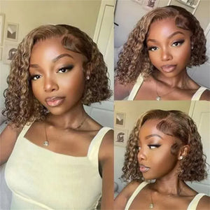 Ombre Highlight P4/27 Color Short Bob Wigs Curly 13x4 Lace Frontal Wigs Human Hair Deep Curly Bob Wig Brazilian Hair Short Bob