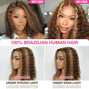 Ombre Highlight P4/27 Color Short Bob Wigs Curly 13x4 Lace Frontal Wigs Human Hair Deep Curly Bob Wig Brazilian Hair Short Bob