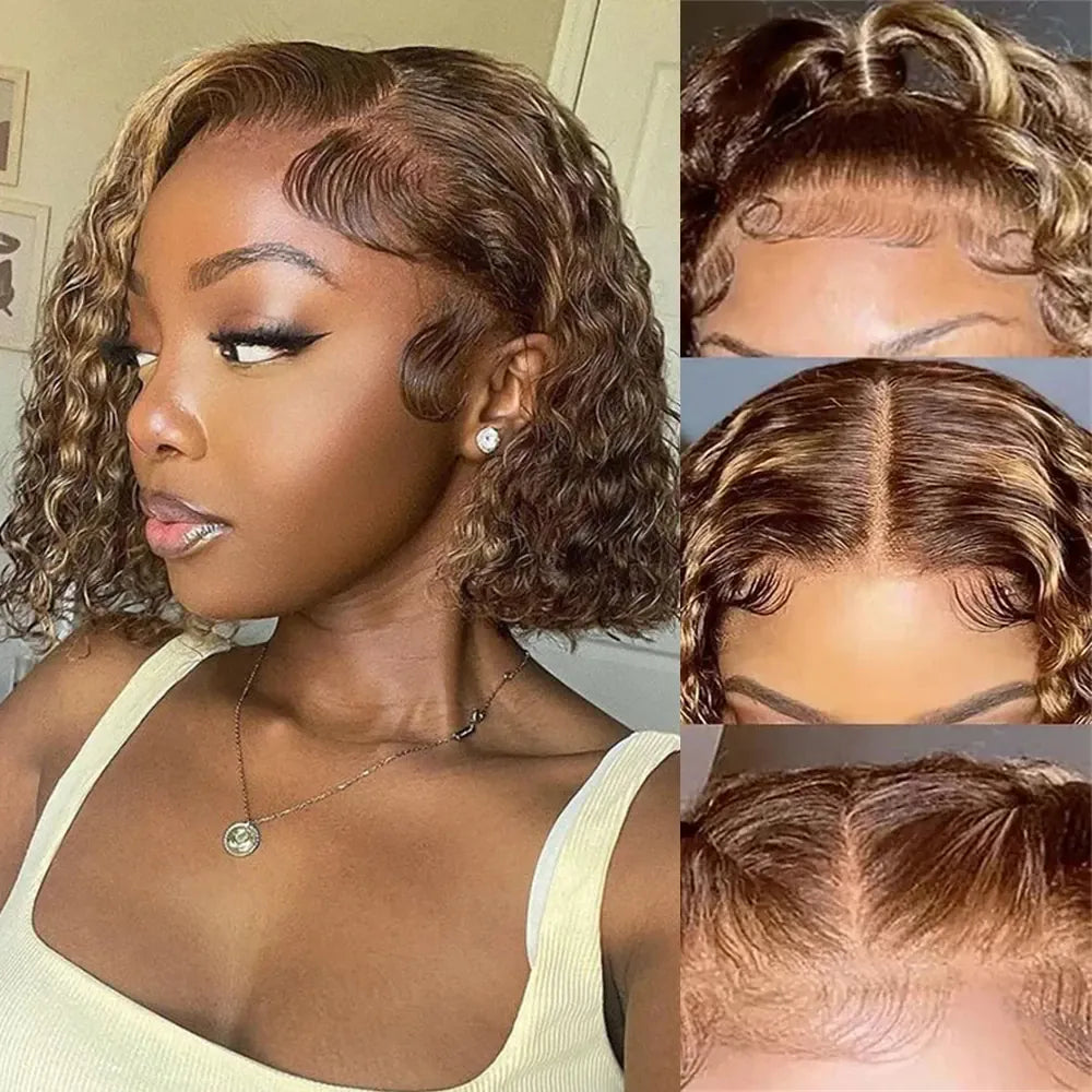 Ombre Highlight P4/27 Color Short Bob Wigs Curly 13x4 Lace Frontal Wigs Human Hair Deep Curly Bob Wig Brazilian Hair Short Bob