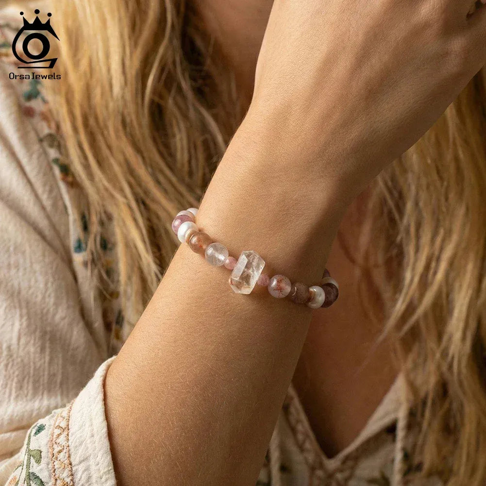 ORSA JEWELS Retro Healing Natural Quartz Crystal Stone Bracelet for Women Elastic Rope Gemstone Beads Bracelet Jewelry GMB97