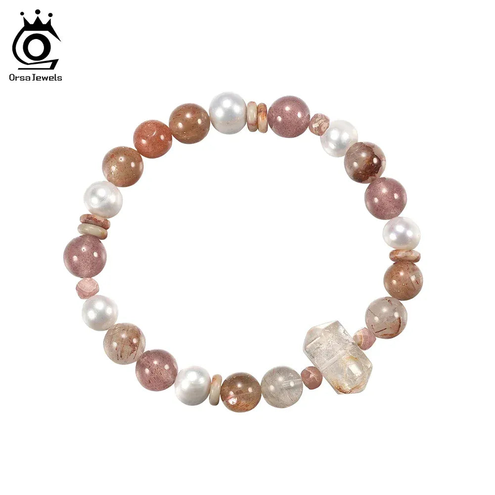 ORSA JEWELS Retro Healing Natural Quartz Crystal Stone Bracelet for Women Elastic Rope Gemstone Beads Bracelet Jewelry GMB97
