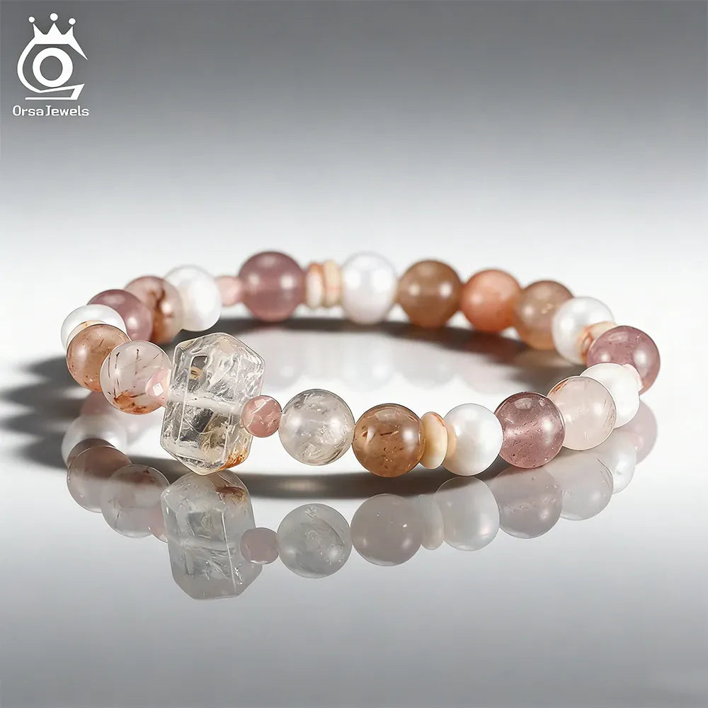 ORSA JEWELS Retro Healing Natural Quartz Crystal Stone Bracelet for Women Elastic Rope Gemstone Beads Bracelet Jewelry GMB97