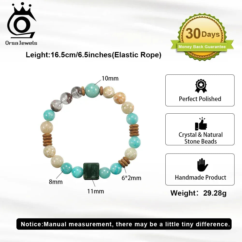 ORSA JEWELS S925 Colorful Natural Stone Beads Stretch Bracelet Healing Elastic Rope Turquoise Crystal Stone Bracelet GMB87