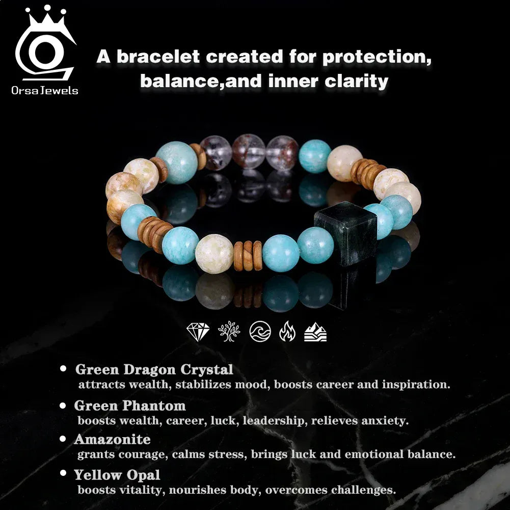 ORSA JEWELS S925 Colorful Natural Stone Beads Stretch Bracelet Healing Elastic Rope Turquoise Crystal Stone Bracelet GMB87