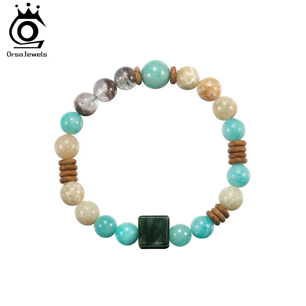 ORSA JEWELS S925 Colorful Natural Stone Beads Stretch Bracelet Healing Elastic Rope Turquoise Crystal Stone Bracelet GMB87