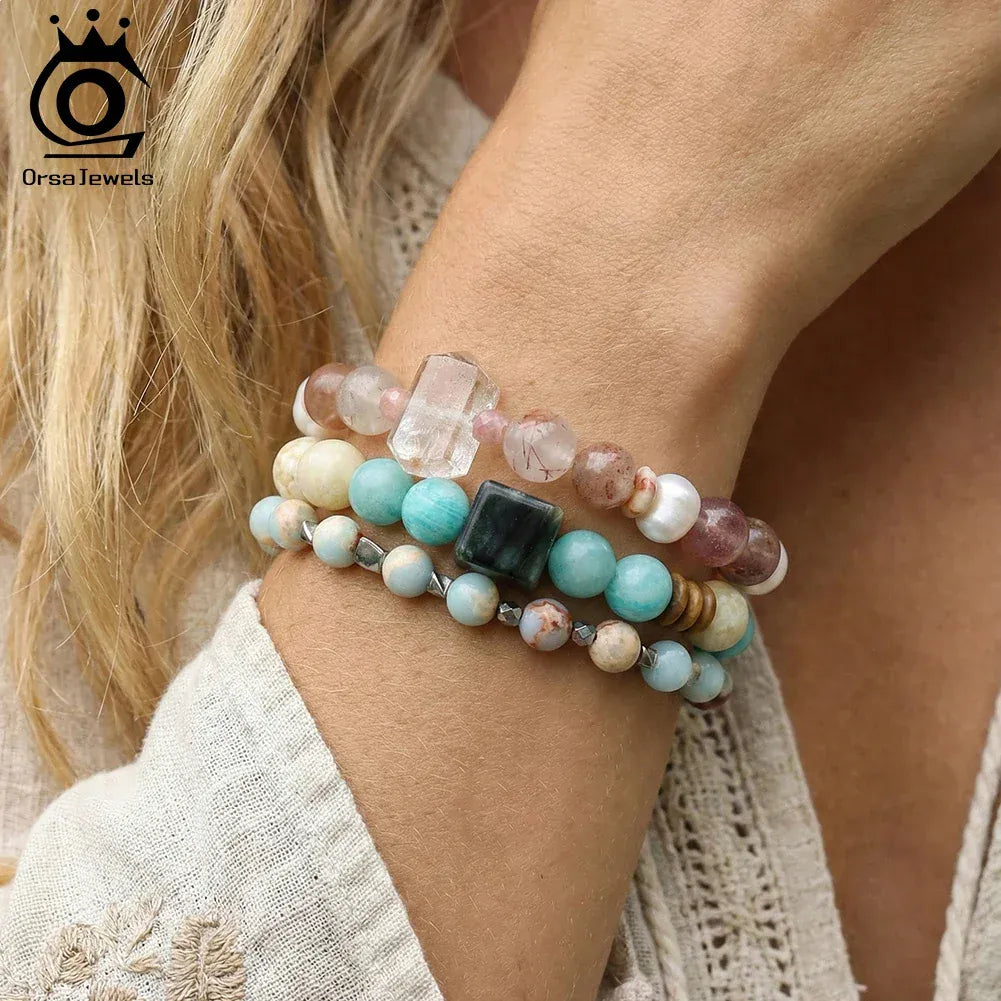 ORSA JEWELS S925 Colorful Natural Stone Beads Stretch Bracelet Healing Elastic Rope Turquoise Crystal Stone Bracelet GMB87