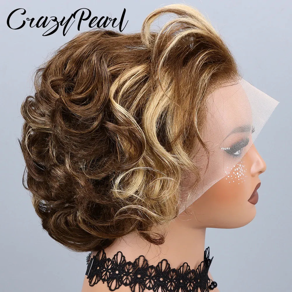 P4/27 Highlight Pixie Cut Wigs Human Hair Short Curly Brown Blonde Gradient Lace Front Pre Plucked Bleached Knots Natural Look