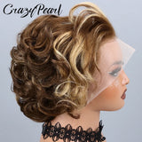 P4/27 Highlight Pixie Cut Wigs Human Hair Short Curly Brown Blonde Gradient Lace Front Pre Plucked Bleached Knots Natural Look